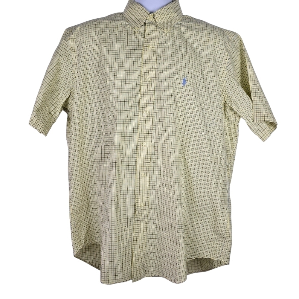 Ralph Lauren Vintage Men's Yellow And Blue Grid Pattern Short Sleeve Shirt SizeL